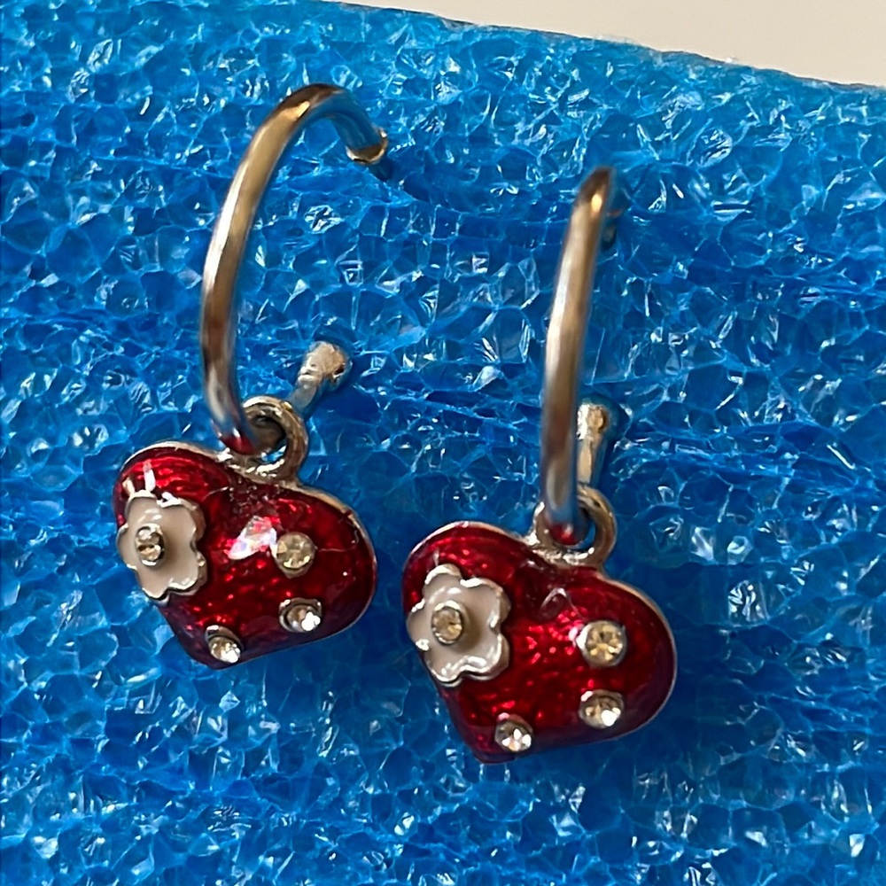 925 Sterling silver red enamel darling heart flower charm hoop earrings